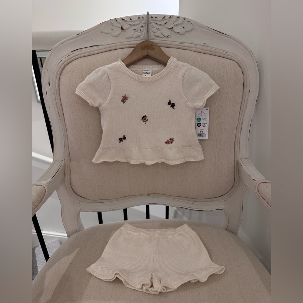 🦢 3 Mth Knit Cotton Ivory Miniature Floral Embroidered Baby Outfit NWT
